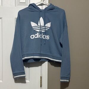 Adidas Cropped Blue Hoodie with White Trefoil Women’s Size Small